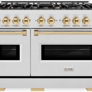ZLINE Autograph Edition 48 in. 6.7 cu. ft. Classic Double Oven Gas Range with 8 Burner Cooktop in DuraSnow Stainless Steel and Polished Gold Accents (CGRSZ-48-G)