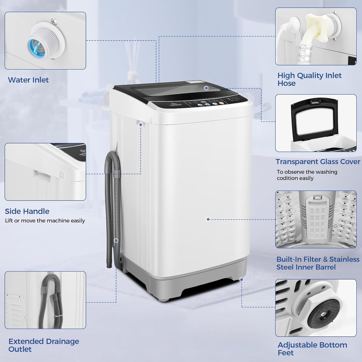 Nictemaw Portable Washing Machine 20Lbs Capacity 2.8 Cu.ft Portable Washer and Dryer Combo with 10 Programs and 8 Water Level Selections Compact Washer Machine for Apartments, Dorms, Rv-Glass Cover - Image 6