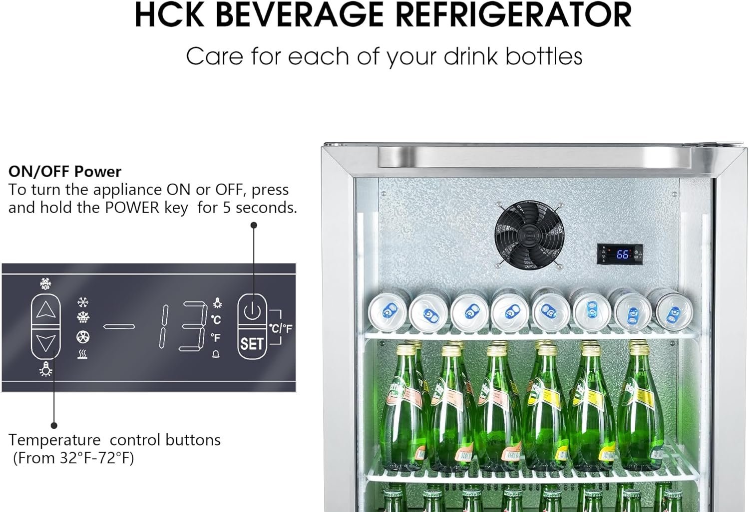 HCK 24 Inch Beverage Refrigerator, 180 Can Under Counter Fridge with Glass Door and Stainless Steel Body, Built-in or Freestanding, Beverage Cooler for Soda, Beer, Wine - Kitchen, Bar or Office - Image 2