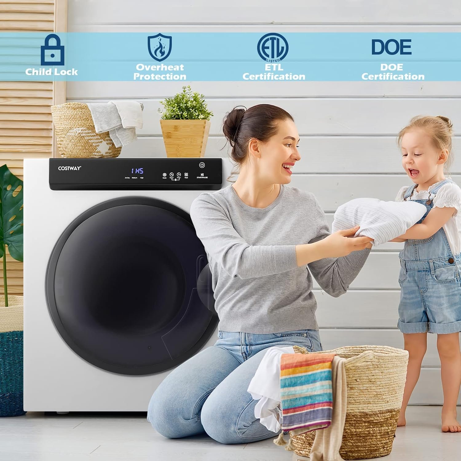 COSTWAY Compact, Touch Panel, 2 Modes, 3 Heating Powers and Adjustable Exhaust Vent, 8.8 LBS Front Load Tumble Laundry Apartment, Dorm and Home, 1400W, White Portable Dryer - Image 5