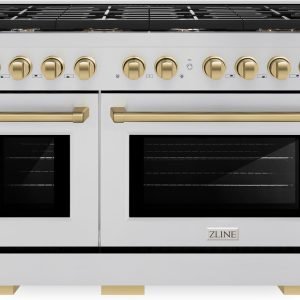 ZLINE Autograph Edition 48 in. 6.7 cu. ft. Paramount Double Oven Gas Range with 8 Burner Cooktop in Stainless Steel and Champagne Bronze Accents (SGRZ-48-CB)