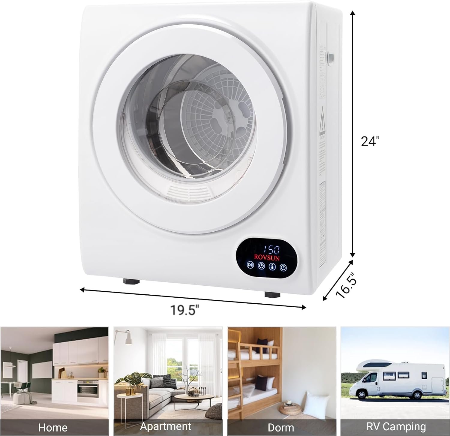 Bonnlo Portable Clothes Dryer, Front Load Electric Dryers Machine, Compact Laundry Dryers with Stainless Steel Tub, for Home, Apartment, Dorm, White (LCD Touch Control) - Image 5
