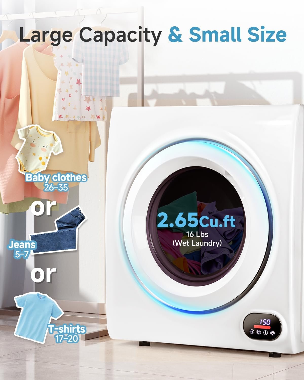 2.65 Cu.Ft Portable Clothes Dryer - 1400W Clothes Dryer with Stainless Steel Tub, Front Load Tumble, LCD Touch Panel - Portable Dryer for Laundry, Apartments, Dorms - Image 4