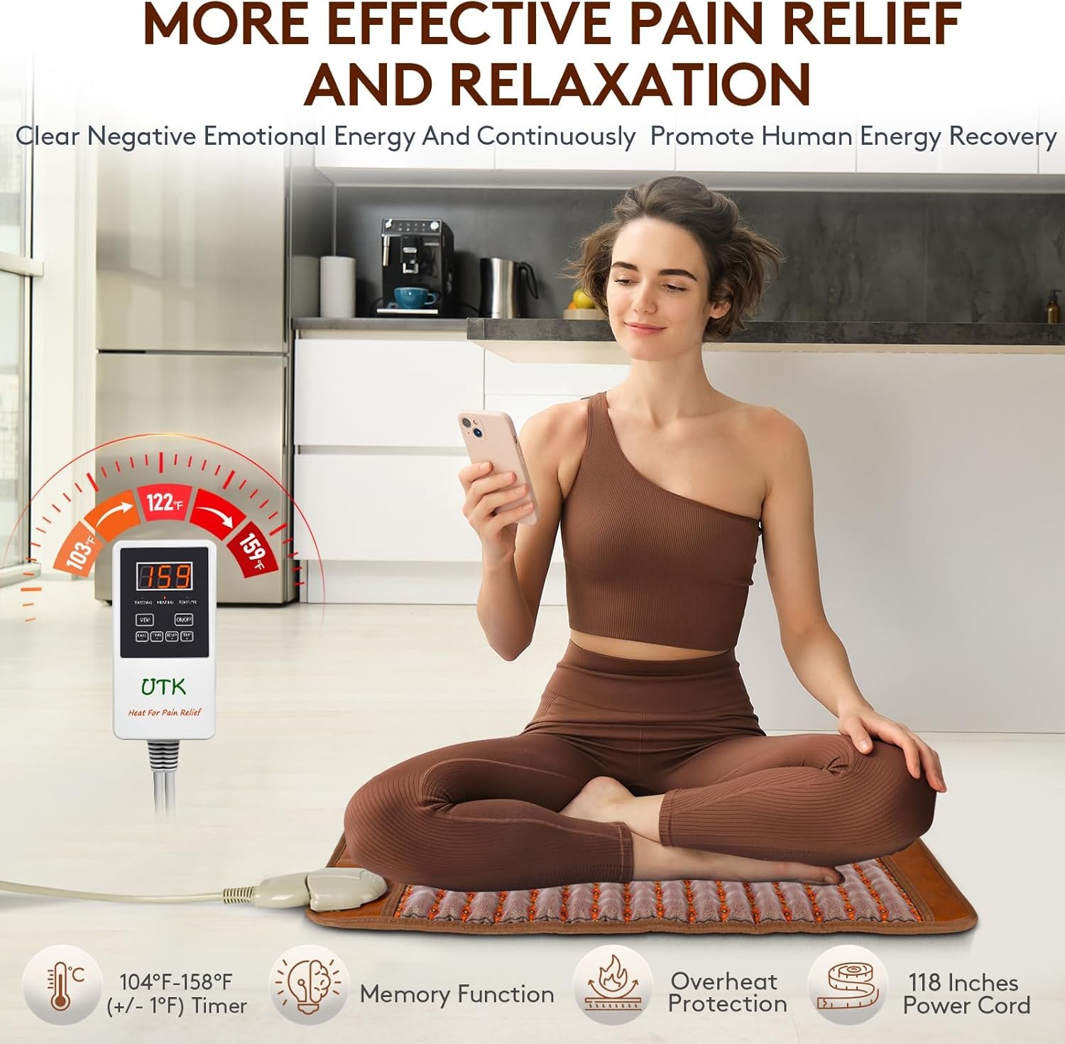 UTK Far Infrared Heating Pad for Back Pain Relief, Full Size Back Heating Pad with Heat Therapy, Weighted Heating Pad with Fast Heating, 4 Photon Lamps, Auto Shut Off (16'' x 24'') - Image 6