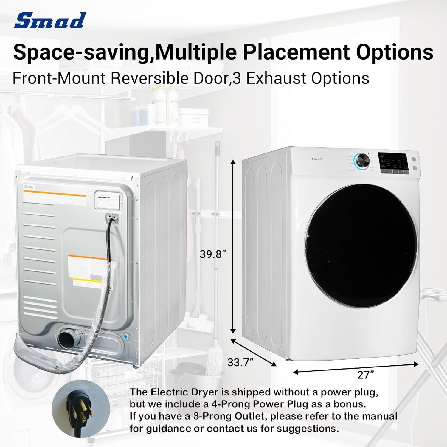 Smad 8.0 Cu.ft Electric Dryer, 27" Full Size Clothes Dryer Machine, 120V 240V Stackable Large Capacity Front Load Dryer For Apartment, Home, RV and Laundry - Image 7