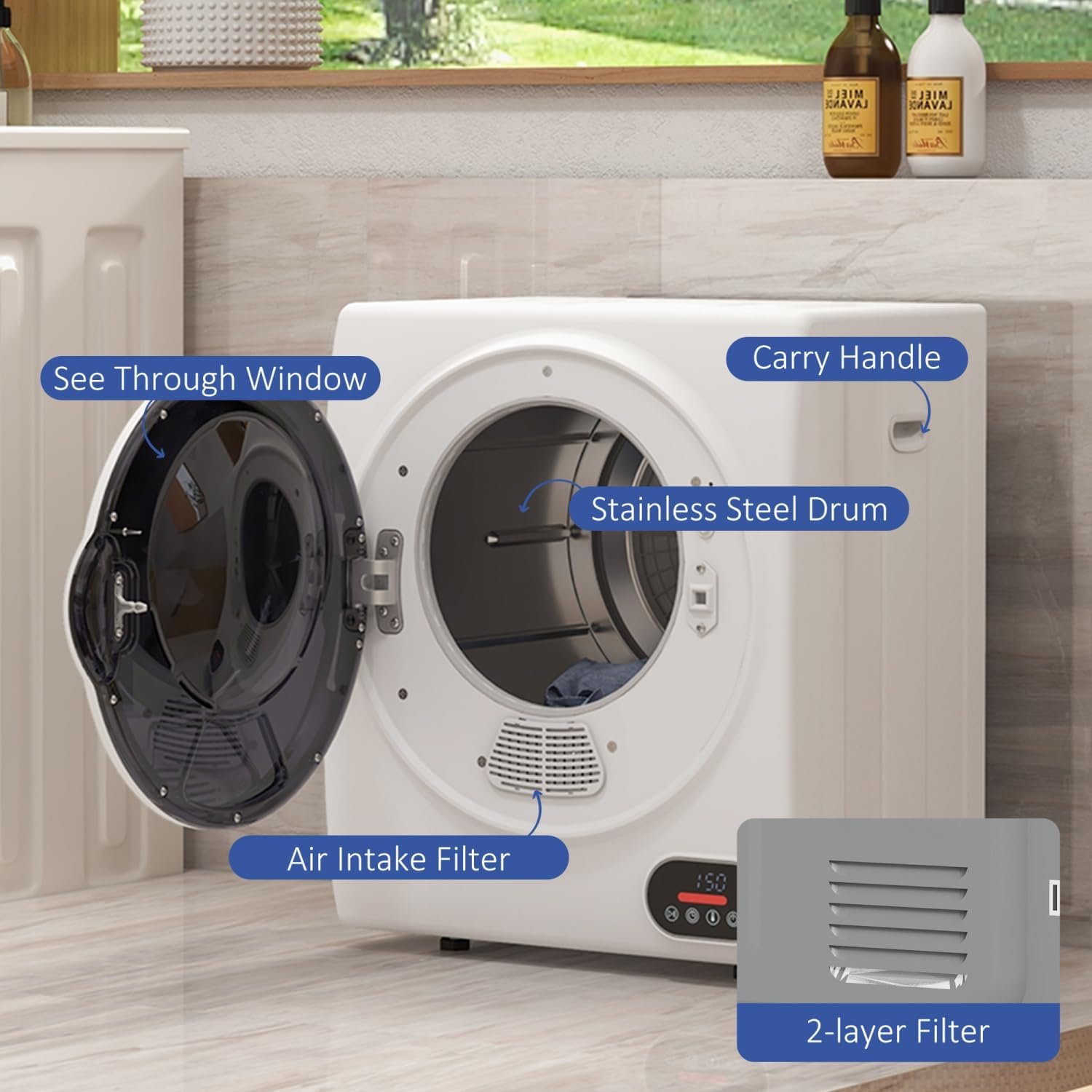 Portable Clothes Dryer - Compact Electric Dryer with Intelligent Drying, 1.5 Cu. Ft Stainless Steel Drum - Image 5