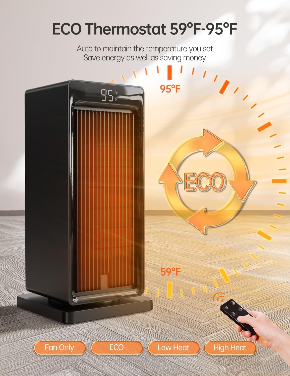 Space Heater, 1500W Space Heaters for Indoor Use Electric Heater for Bedroom, ECO Thermostat 90° Oscillating 24H Timer, Fast Heating, Remote Control, Safe for Home Office Room - Image 3