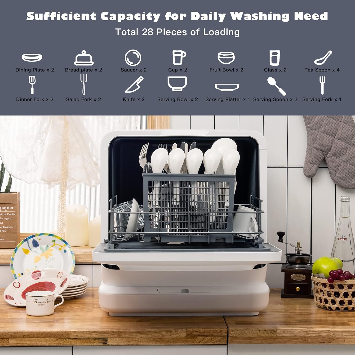 COSTWAY Portable Countertop Dishwasher, Compact Dishwasher with 7.5 L Built-in Water Tank, 360° Dual Spray Arms, 5 Washing Programs, Air-Dry Function, Child Lock, Mini Dishwasher for Apartment, RV - Image 6