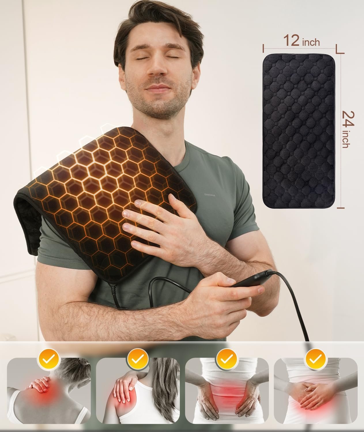 UTK Far Infrared Heating Pad, Back Heating Pad for Period Cramps, Shoulders, Neck, Abdomen, Knee Pain, 8 Heat, Max 159°F Heat,240 Mins,12'' x 24''XL Heating Pad with Auto Shut Off - Image 7