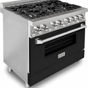 ZLINE 36 in. 4.6 cu. ft. Legacy Dual Fuel Range with 6 Burner Gas Cooktop and Electric Convection Oven in Stainless Steel and Black Matte Door (RA-BLM-36)
