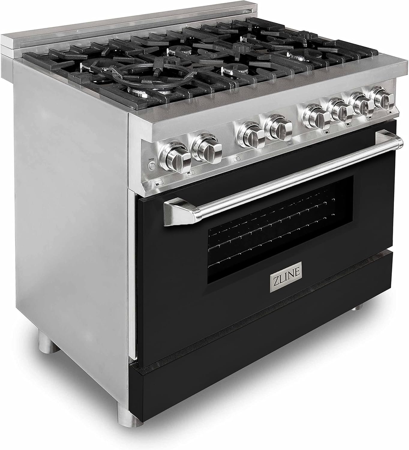 ZLINE 36 in. 4.6 cu. ft. Legacy Dual Fuel Range with 6 Burner Gas Cooktop and Electric Convection Oven in Stainless Steel and Black Matte Door (RA-BLM-36)