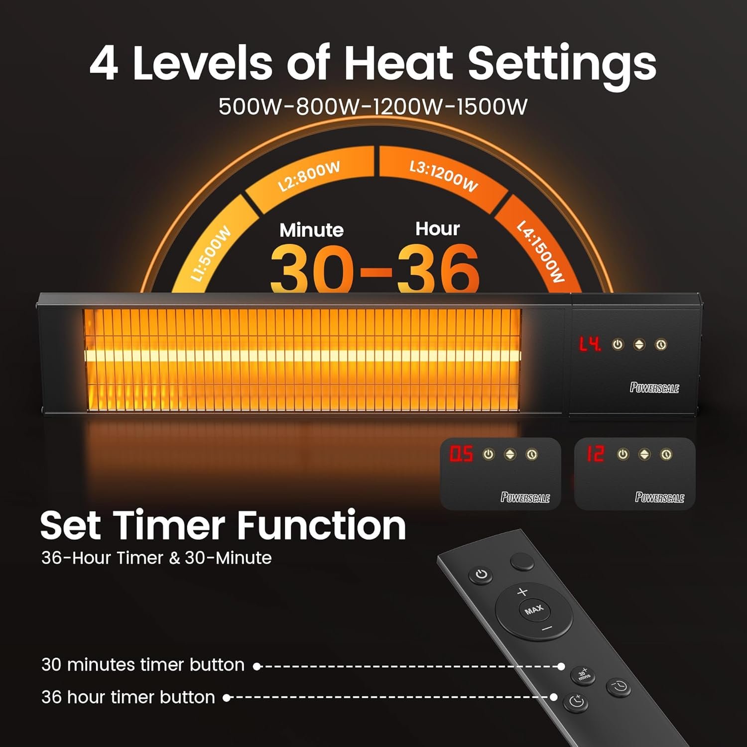 Infrared Heater 36H Timer Outdoor Heater,0.5Sec Instant Heating,Memory Function Infrared Electric Patio Heater,4 Levels Heating Touchscreen With Remote,Restaurant Backyard,1500W,Black - Image 4
