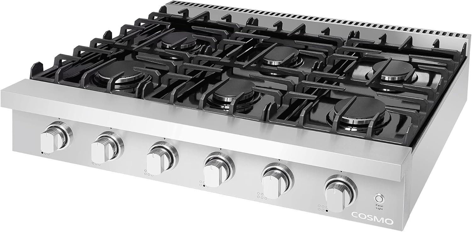 COSMO COS-GRT366 Slide-In Counter Gas-Cooktop 36 inch | 6 Italian-Made Burner Range-Top, Dual Ring Stove, Dishwasher-Safe Cast Iron Grate, Metal Front Knob Control Panel, 36 inch, Stainless Steel - Image 8