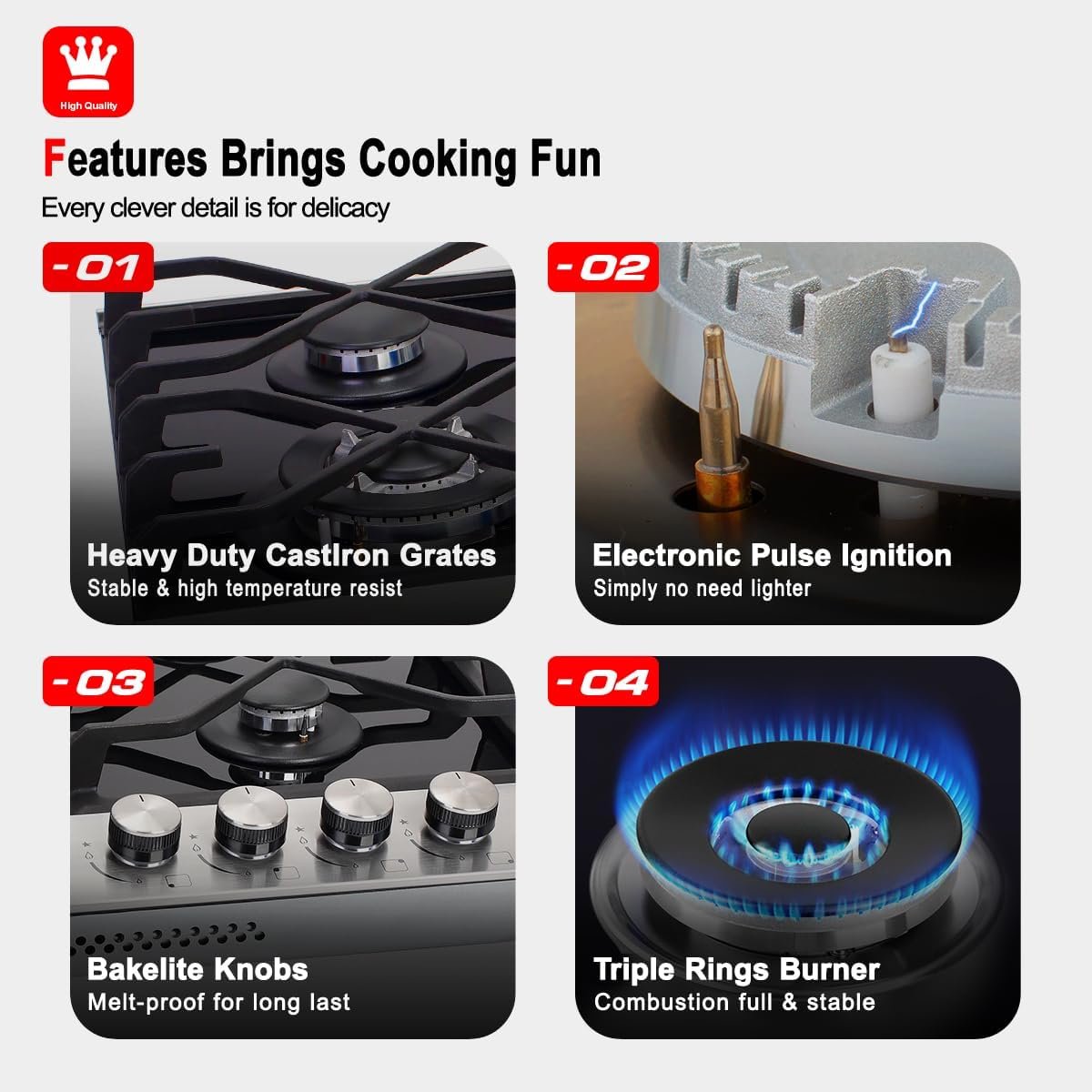 4 Burner Gas Cooktop, GASLAND GH60BF 24 Inch Gas Hob, NG/LPG Convertible Natural Gas Propane Cooktops, 4 Burner Gas Stovetop with Thermocouple Protection, Black Tempered Glass - Image 3