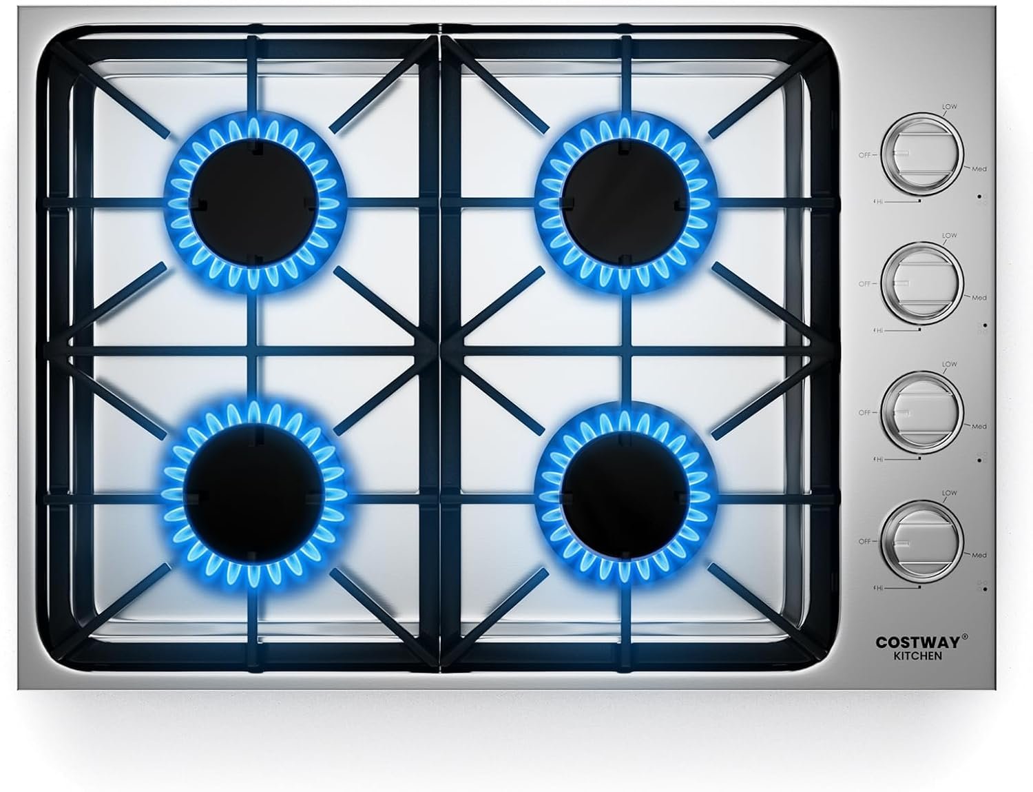 COSTWAY 30-inch Gas Cooktop, Stainless Steel Gas Stove Top with 4 Burners, ABS Knobs and Cast Iron Grates, NG/LP G Convertible Gas Range Top with Sealed Burners for Kitchen, Easy to Clean, Silver