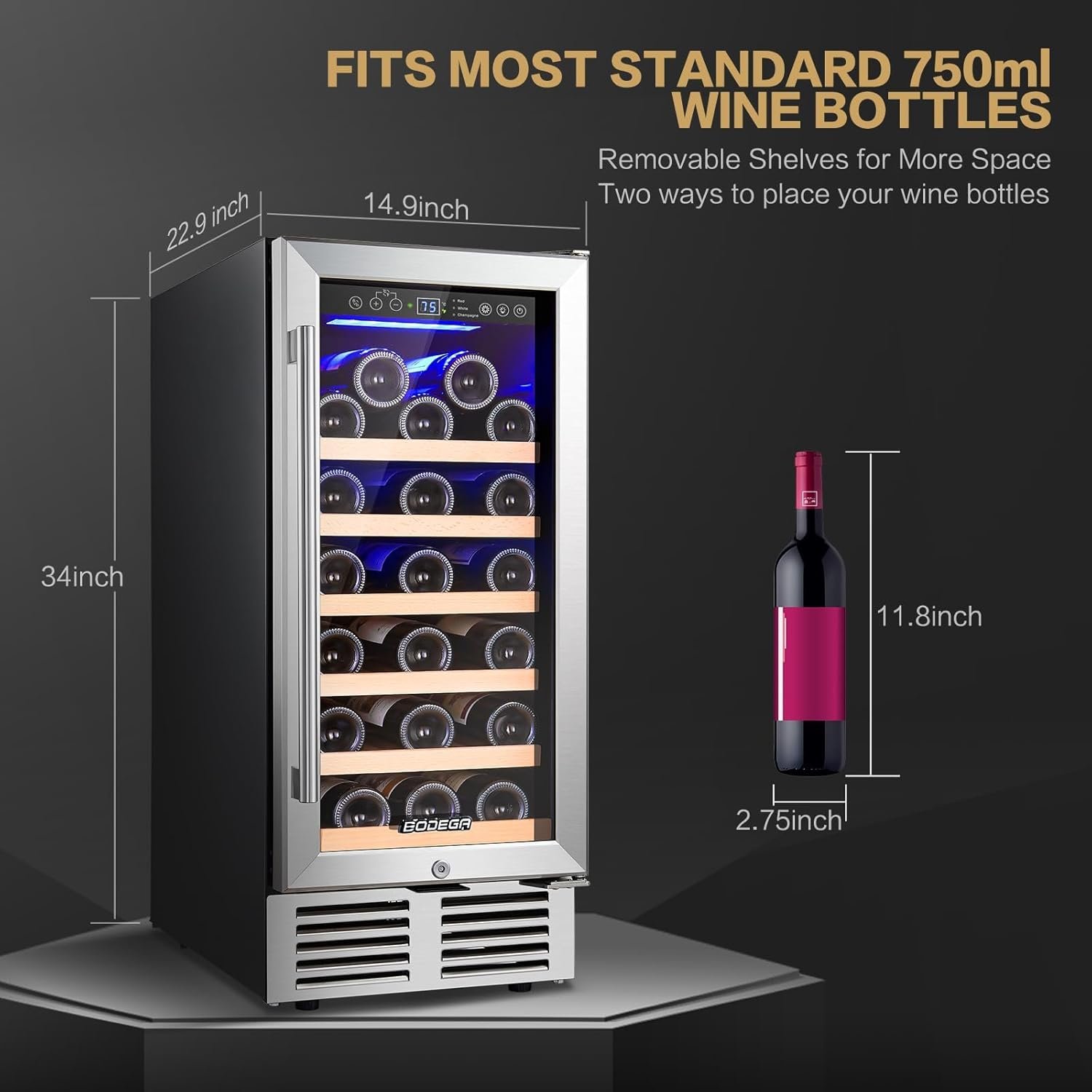BODEGA 15 inch Wine Refrigerator Under Counter, Mini Fridge with Glass Door, Built in or Free Standing Wine Cooler With APP control, For Bedroom, Home, Office, Hold 31 bottles - Image 2