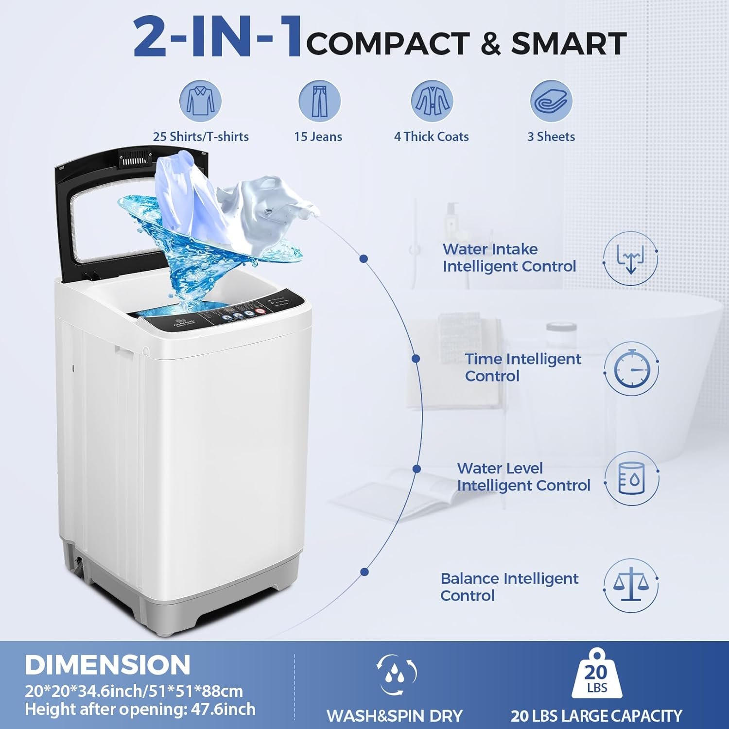 Nictemaw Portable Washing Machine 20Lbs Capacity 2.8 Cu.ft Portable Washer and Dryer Combo with 10 Programs and 8 Water Level Selections Compact Washer Machine for Apartments, Dorms, Rv-Glass Cover - Image 2
