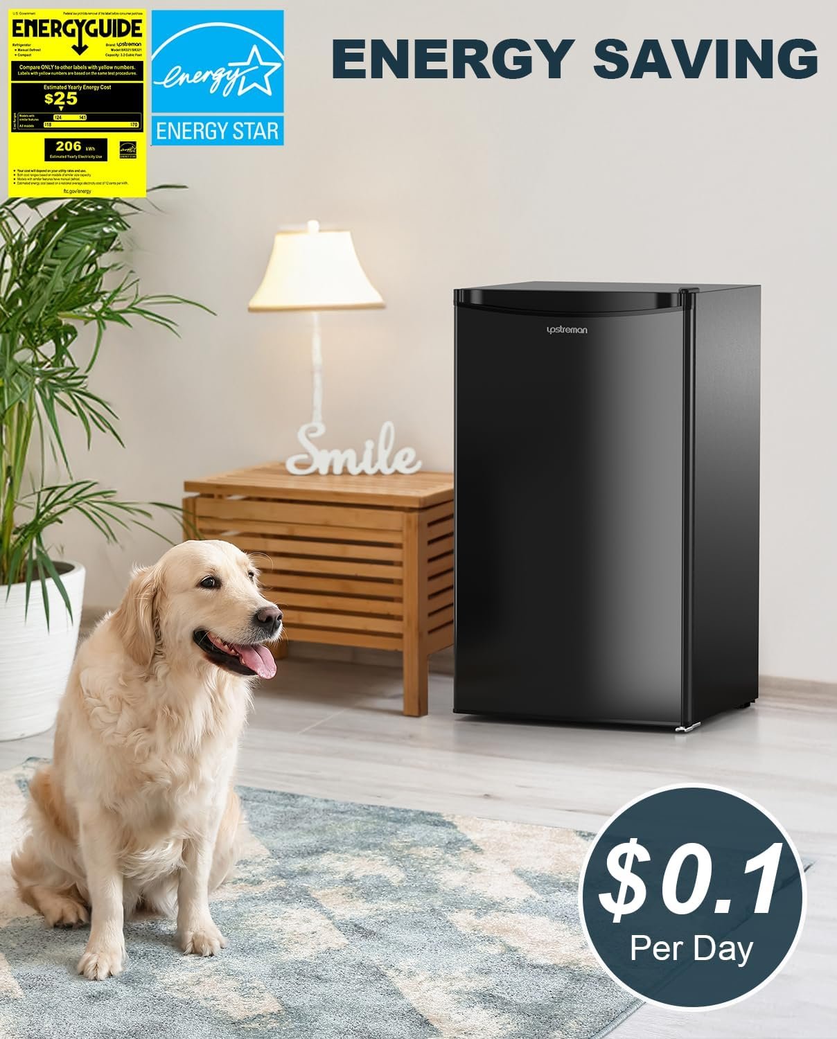 Upstreman 3.2 Cu.Ft Mini Fridge with Freezer, Single Door Mini Fridge, Dorm Fridge, Adjustable Thermostat, Mini Refrigerator for Bedroom, Office, Dorm, Black-BR321 - Image 2