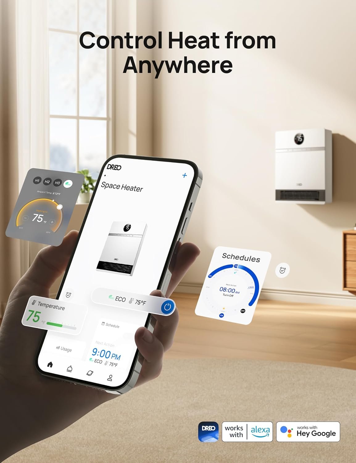 Dreo Smart Wall Heater, IP24 Electric PTC Space Heater for Indoor Use, 30° Oscillation, Adjustable Thermostat, Remote Control, Works with Alexa, 24H Timer, Easy-mounted Heater for Bedroom, Office - Image 4