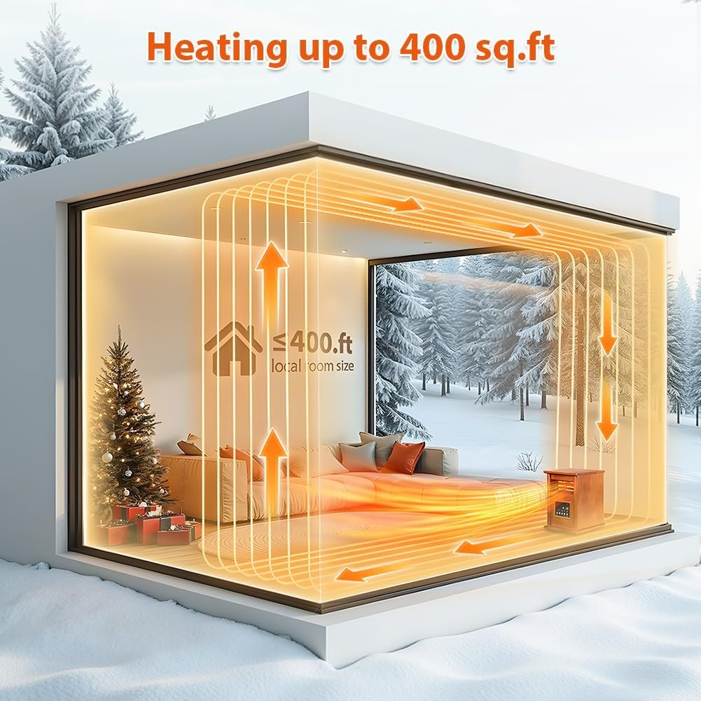 LifePlus Electric Infrared Space Heaters for Indoor Use, 1500W Box Space Heater with Wood Frame, Remote Control 12H Timer and 3 Heating Mode, Multiple Security Protections, for Living Room Home Office - Image 2