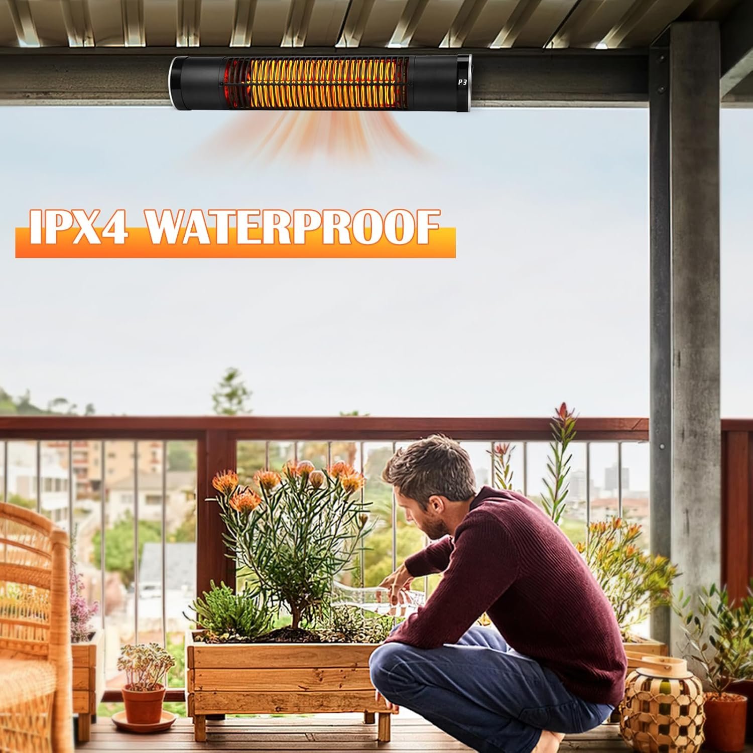 Electric Outdoor Heater, 1500W Patio Heater for Outdoor Use, Wall-Mounted Carbon Infrared Heater,With Remote, 3 Heat Levels, 8H Timers, Radiant Heater for Garage, Gazebos, Shop, Pack of 2 - Image 7
