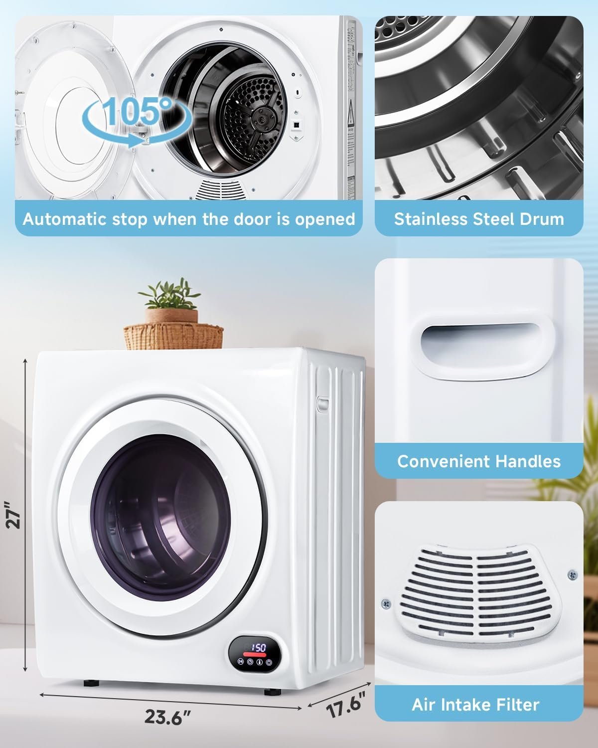 2.65 Cu.Ft Portable Clothes Dryer - 1400W Clothes Dryer with Stainless Steel Tub, Front Load Tumble, LCD Touch Panel - Portable Dryer for Laundry, Apartments, Dorms - Image 5