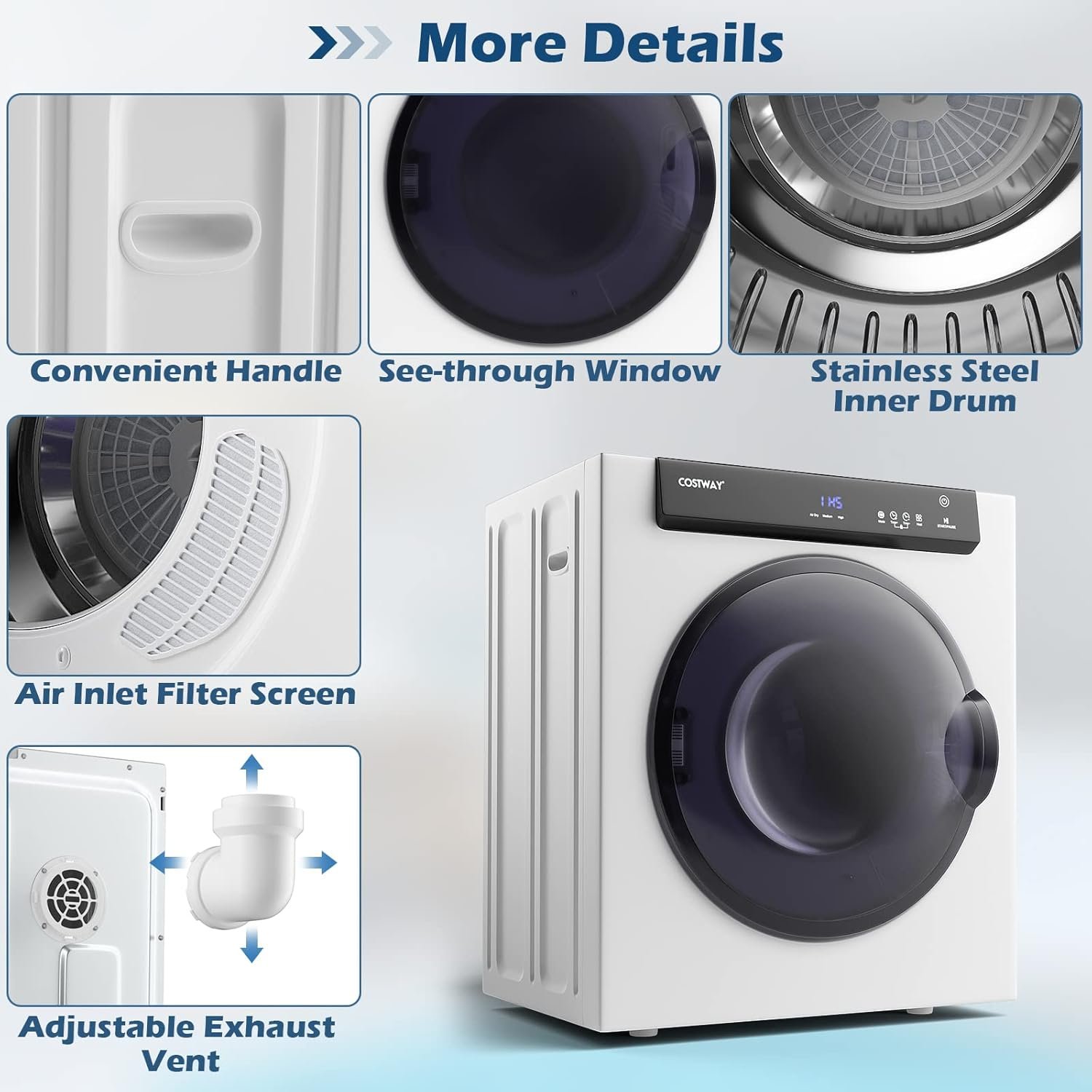 COSTWAY Compact, Touch Panel, 2 Modes, 3 Heating Powers and Adjustable Exhaust Vent, 8.8 LBS Front Load Tumble Laundry Apartment, Dorm and Home, 1400W, White Portable Dryer - Image 8