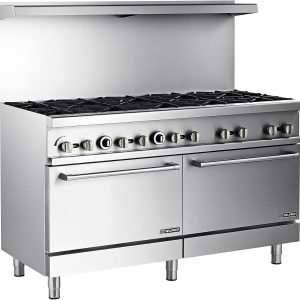 60" Natural Gas Range with Ovens, Dual Oven Gas Range with Total 366,000 BTU Capacity, 10 Burner Commercial Gas Range with Liquid Propane Gas Conversion Kit for Restaurant Kitchen