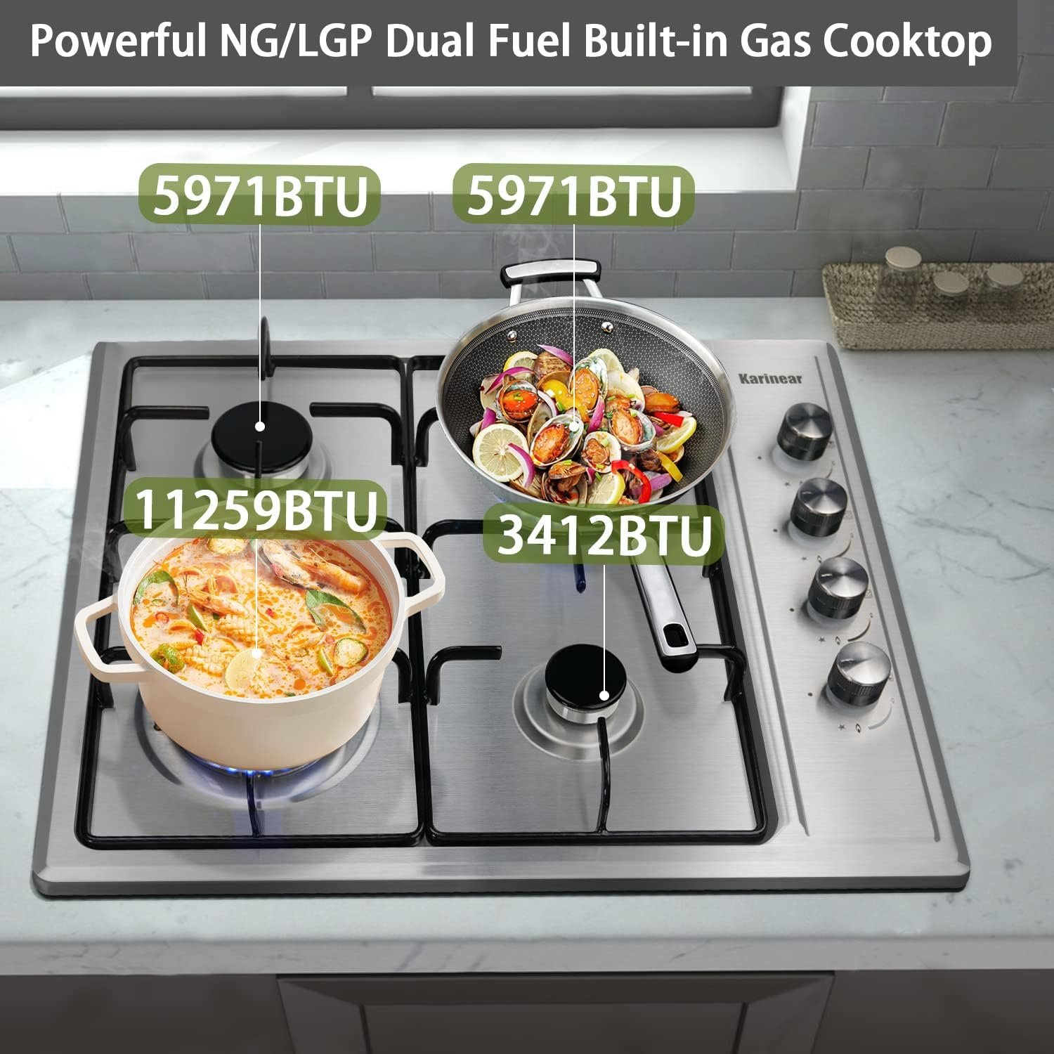 Karinear 24 Inch Gas Cooktop Gas Stove 4 Burners, Built-in Stainless Steel Gas Hob, NG/LPG Dual Fuel Gas Stovetop with Thermocouple Protection for Apartments, Indoor (Come with Pressure Regulator) - Image 2