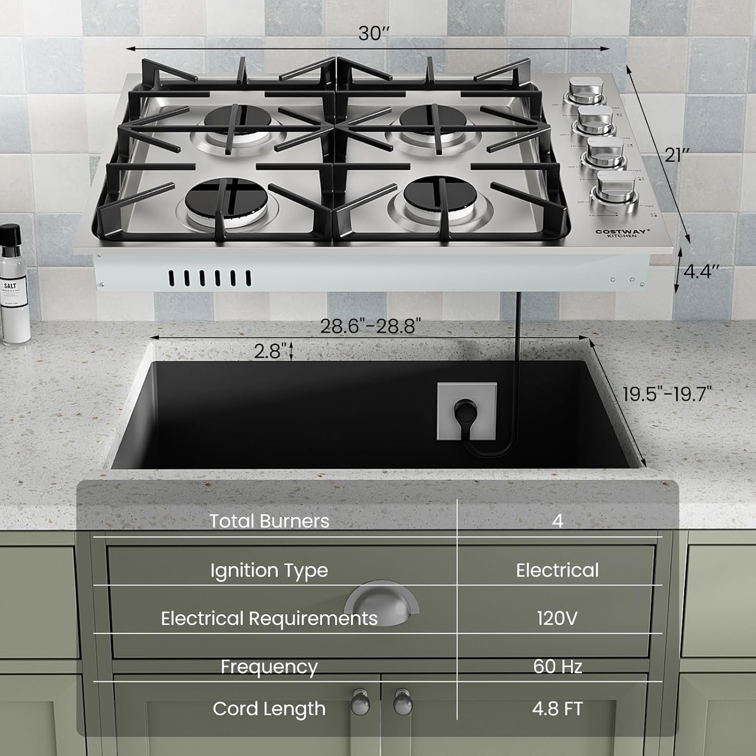 COSTWAY 30-inch Gas Cooktop, Stainless Steel Gas Stove Top with 4 Burners, ABS Knobs and Cast Iron Grates, NG/LP G Convertible Gas Range Top with Sealed Burners for Kitchen, Easy to Clean, Silver - Image 5