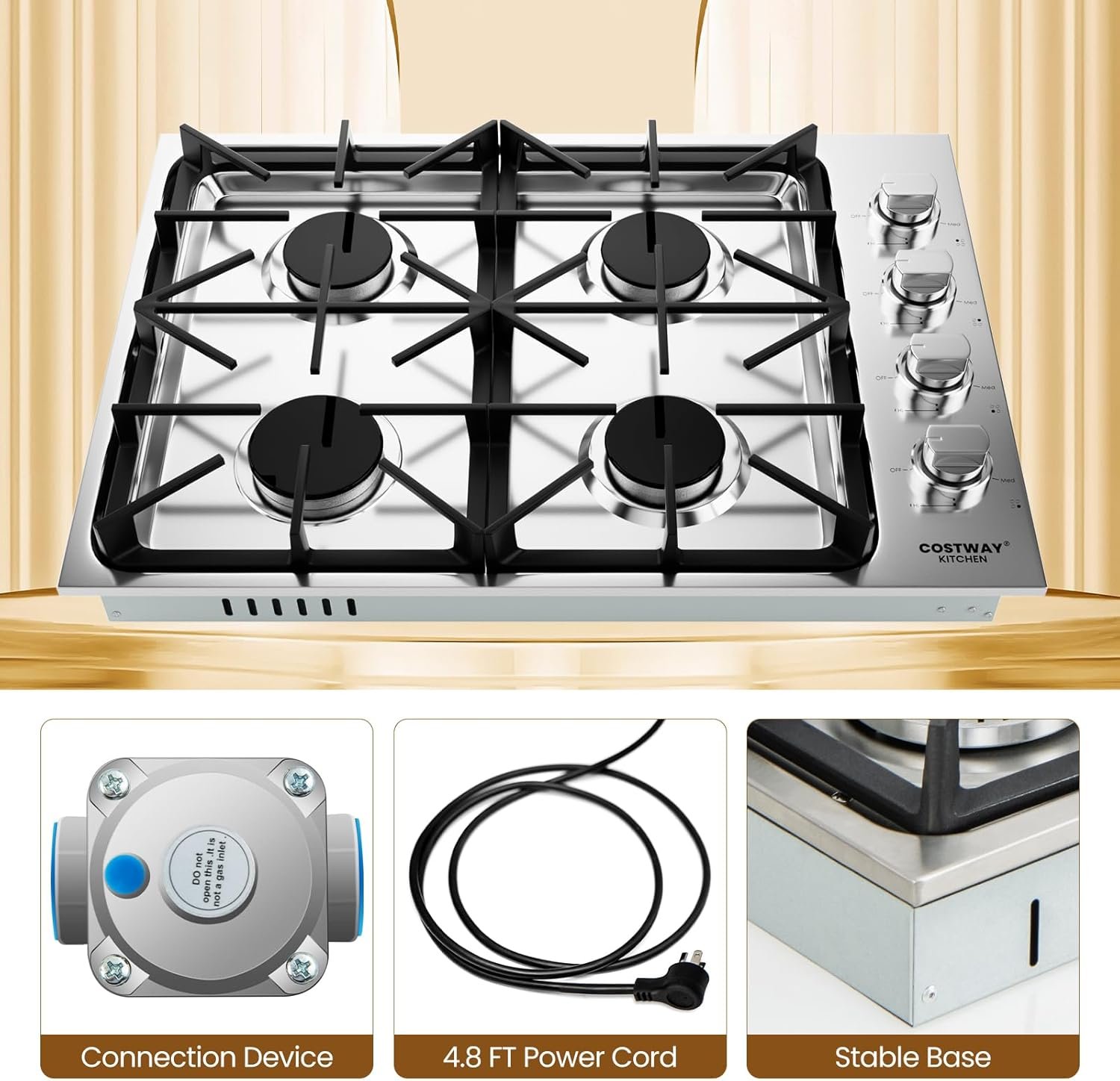 COSTWAY 30-inch Gas Cooktop, Stainless Steel Gas Stove Top with 4 Burners, ABS Knobs and Cast Iron Grates, NG/LP G Convertible Gas Range Top with Sealed Burners for Kitchen, Easy to Clean, Silver - Image 7
