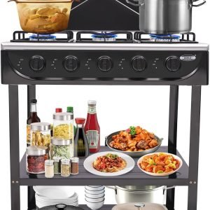 Commercial Free Standing Restaurant Black Stainless Steel Gas Stove 5 Burner Gas Stove Tops Kitchen Cooking Stove Outdoor Gas Hob Vertical Split Cooktop With Shelf Adjust Fire Size for Cooking (Black)