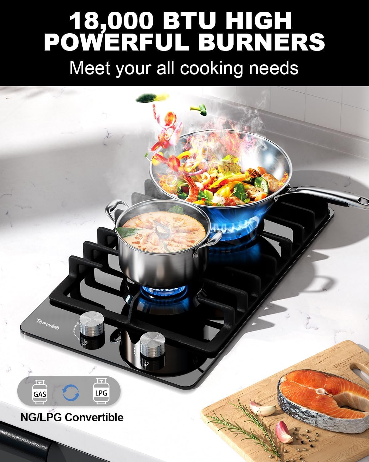 2 Burner Propane Gas Cooktop Black Tempered Glass, 12 Inch Built-in NG/LPG Convertible Gas Stove Top, 18,000BTU Gas Hob with Flame-out Protection for Kitchen, Apartment,RV,110V - Image 2