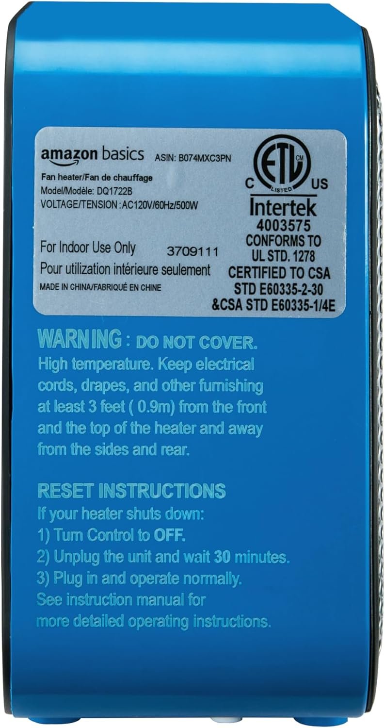 Amazon Basics Ceramic Space Heater, Mini Heater for Office Desk, Portable Tent Heater for Camping (Indoor Use), 500 W, With Tip-Over Protection, Lightweight (1.4 LBS), Blue, 5.9 x 3.2 x 6 inches - Image 4