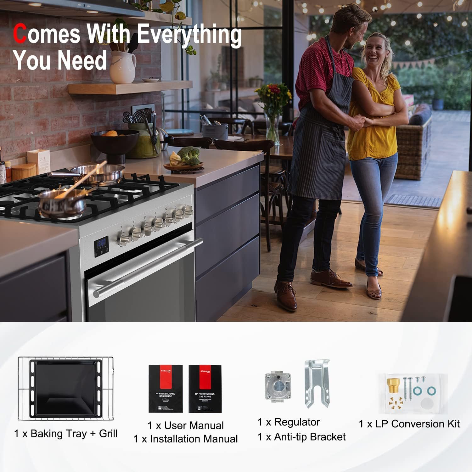 GASLAND 30'' Gas Range Stove with 5 Sealed Gas Burners, Dual Feul Stove Oven with Baking, Tray Grill and Storage Drawer, 5.0 cu. ft. Capacity, 5 Functions included LP Conversion Kit - Image 4