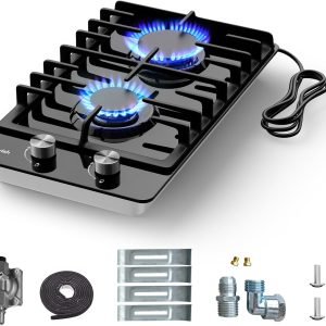 2 Burner Propane Gas Cooktop Black Tempered Glass, 12 Inch Built-in NG/LPG Convertible Gas Stove Top, 18,000BTU Gas Hob with Flame-out Protection for Kitchen, Apartment，RV,110V