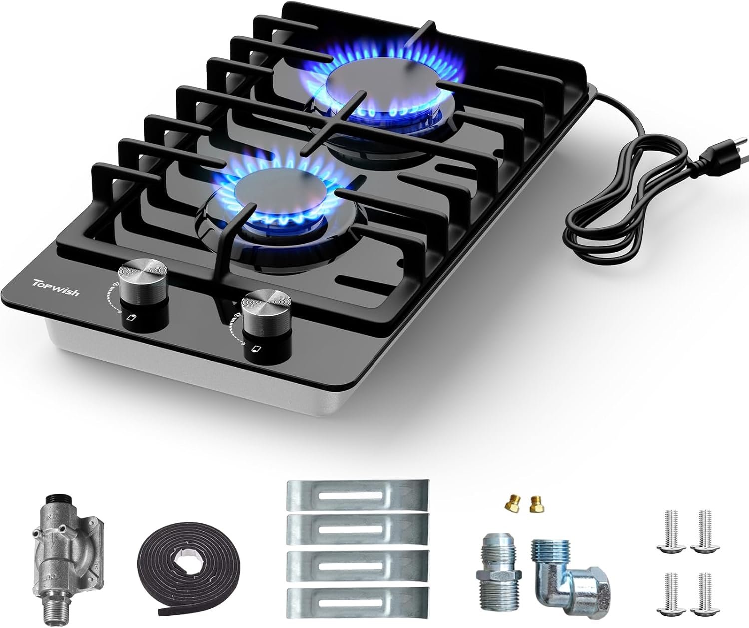 2 Burner Propane Gas Cooktop Black Tempered Glass, 12 Inch Built-in NG/LPG Convertible Gas Stove Top, 18,000BTU Gas Hob with Flame-out Protection for Kitchen, Apartment,RV,110V