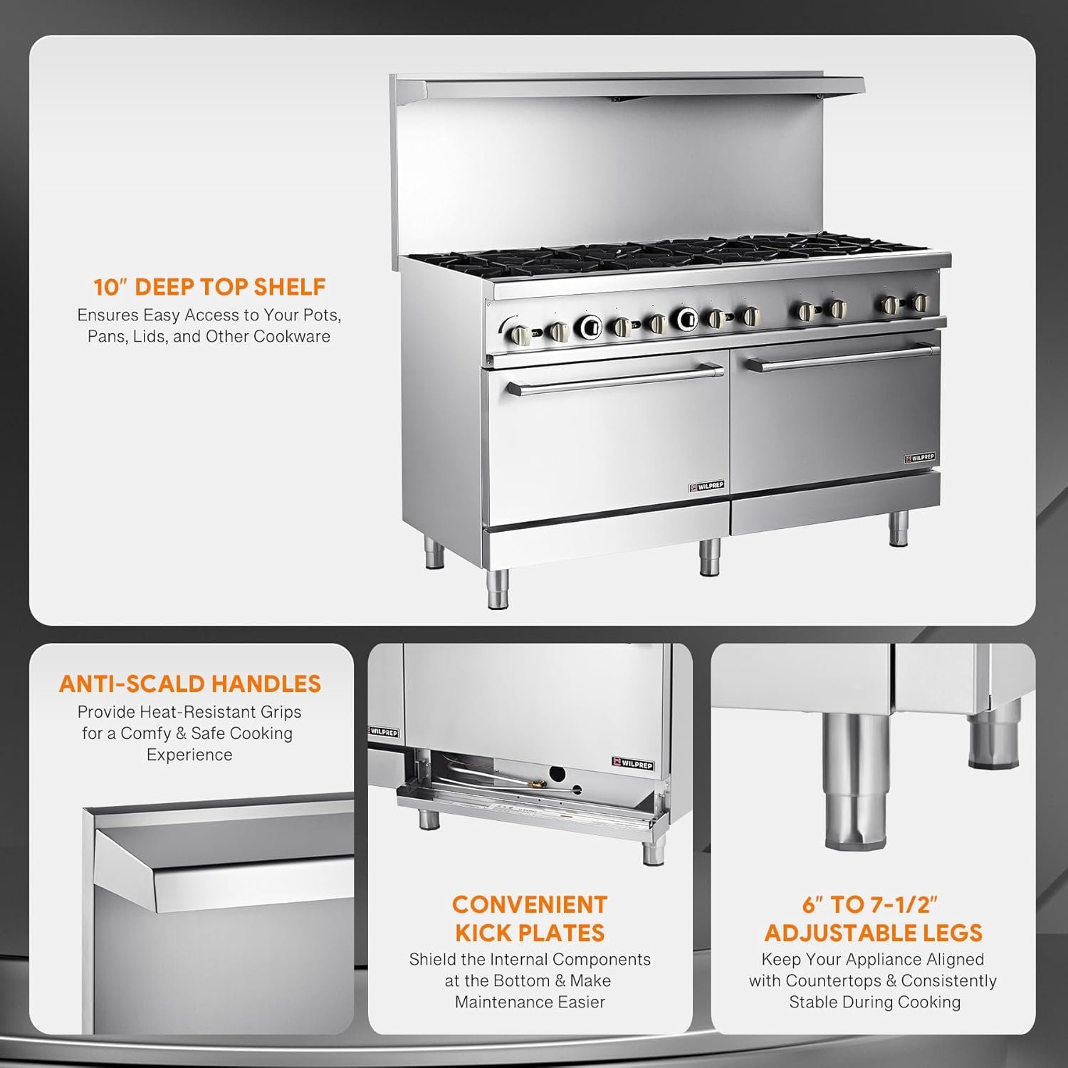 60" Natural Gas Range with Ovens, Dual Oven Gas Range with Total 366,000 BTU Capacity, 10 Burner Commercial Gas Range with Liquid Propane Gas Conversion Kit for Restaurant Kitchen - Image 8