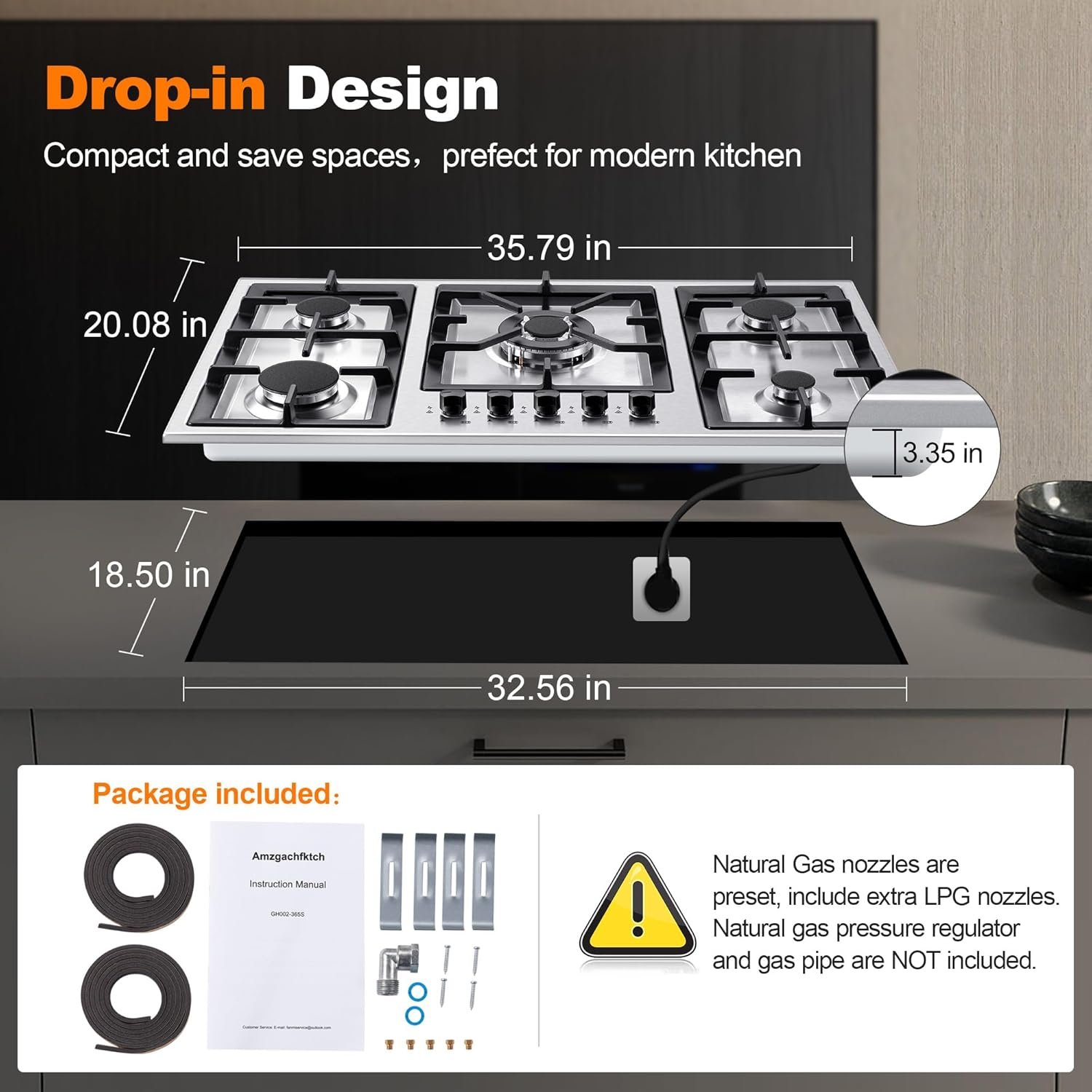 36 Inch Gas Cooktop, 5 Burner Gas Stove Top Total 34,588 BTU, Built-in Stainless Steel 36 Inch Gas Hob with Thermocouple Protection, LPG/NG Convertible Propane Cooktop - Image 6