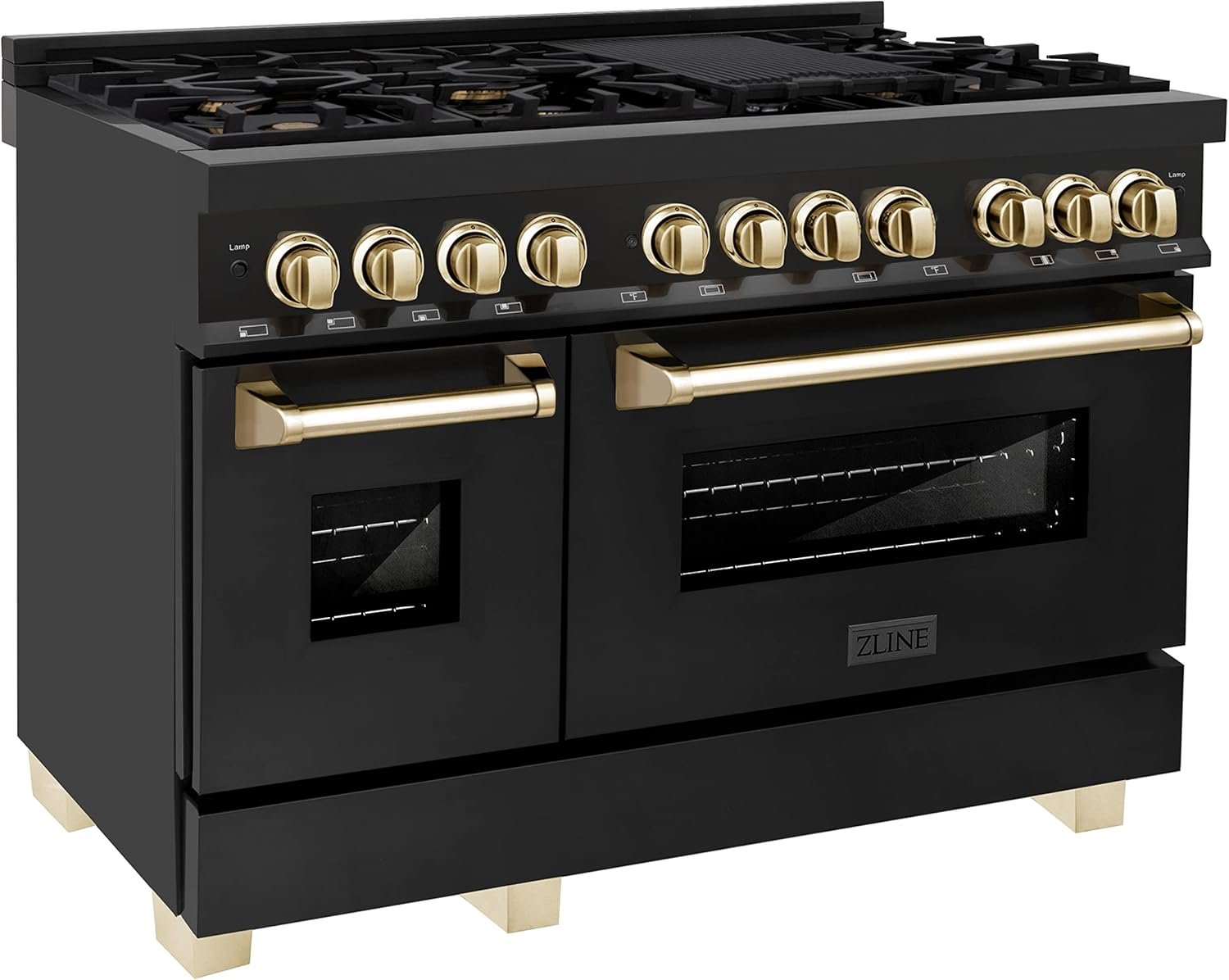 ZLINE Autograph Edition 48 in. 6.0 cu. ft. Legacy Dual Fuel Range with 7 Burner Gas Cooktop and 2 Electric Ovens in Black Stainless Steel and Polished Gold Accents (RABZ-48-G) - Image 2