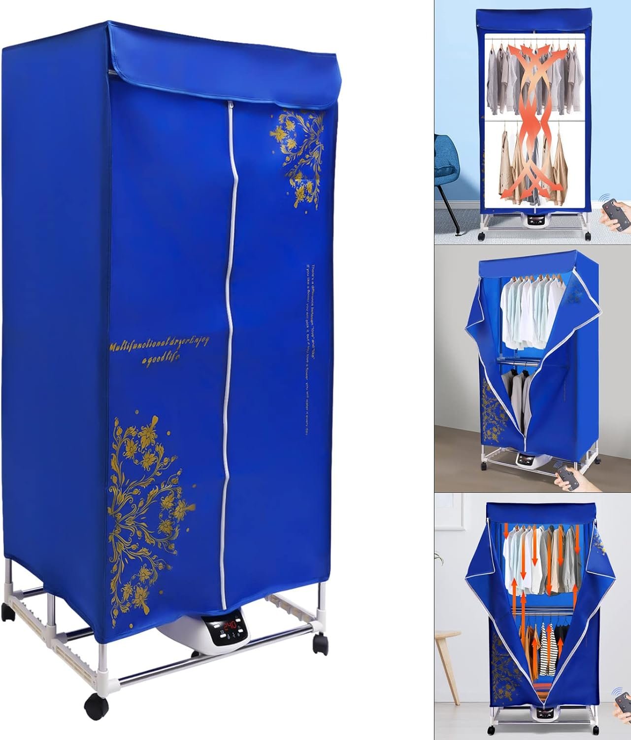 Electric Clothes Dryer 1500W Travel Dryer Machine with 4 Wheels 3 Gears Portable Clothes Dryer Remote Control Clothes Dryer Machine for Apartments Home - Image 5