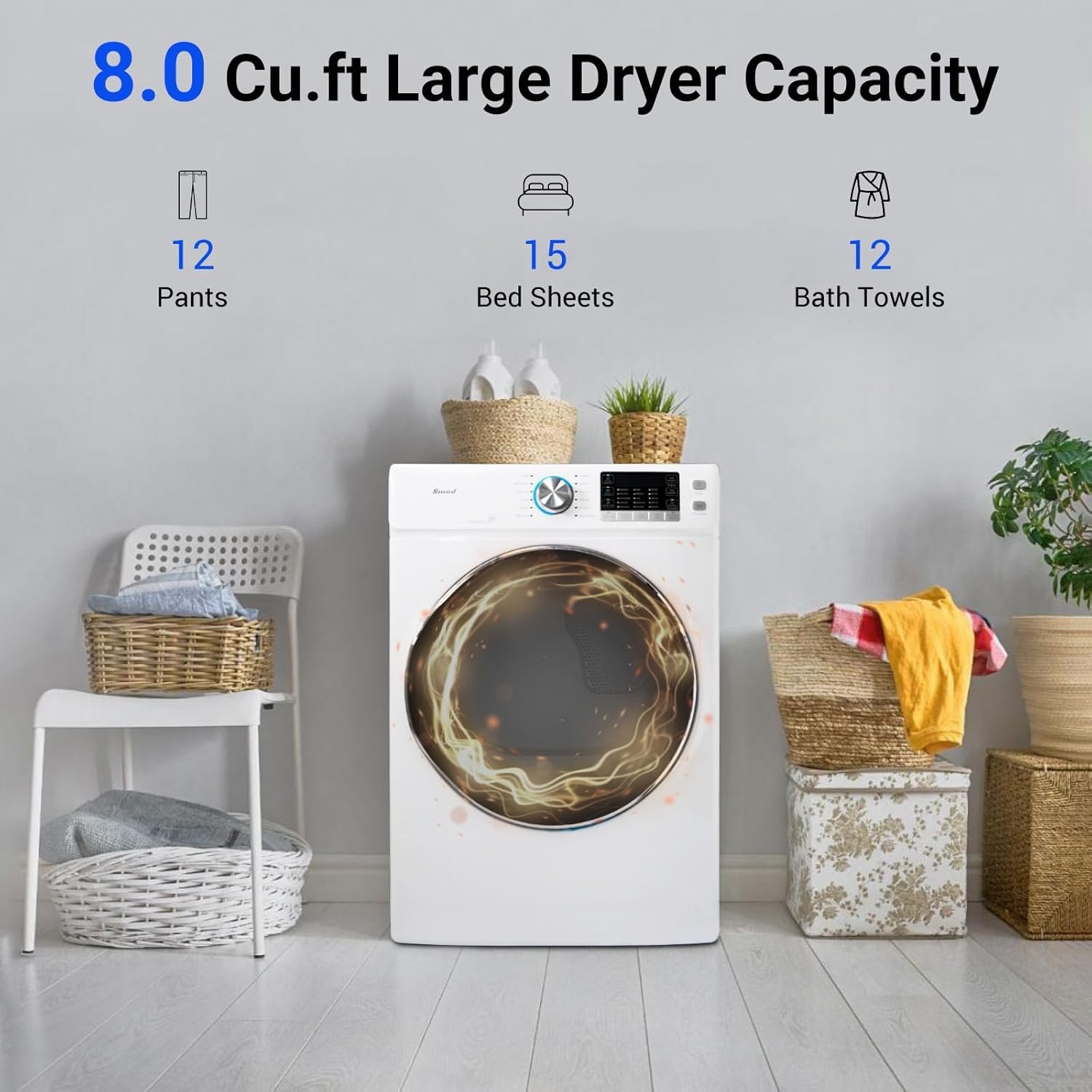 Smad 8.0 Cu.ft Electric Dryer, 27" Full Size Clothes Dryer Machine, 120V 240V Stackable Large Capacity Front Load Dryer For Apartment, Home, RV and Laundry - Image 2