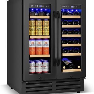 Wine and Beverage Refrigerator Black, 24 Inch Beverage Cooler Under Counter Dual Zone with Glass Door&Lock, 18 Bottles and 68 Cans Large Capacity for Beer Soda Drink, Built-In or Freestanding Fridge