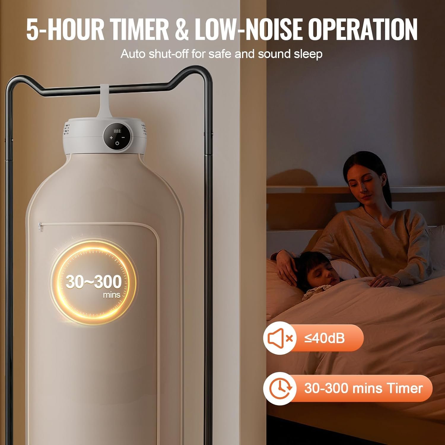 VEVOR Portable Clothes Dryer, Clothes Dryer with Dryer Bag, PTC Heating & LED Display, Foldable Mini Dryer with 5-H Timer for Apartments, Dorms, RVs, or Hotels, 600W, Beige - Image 5