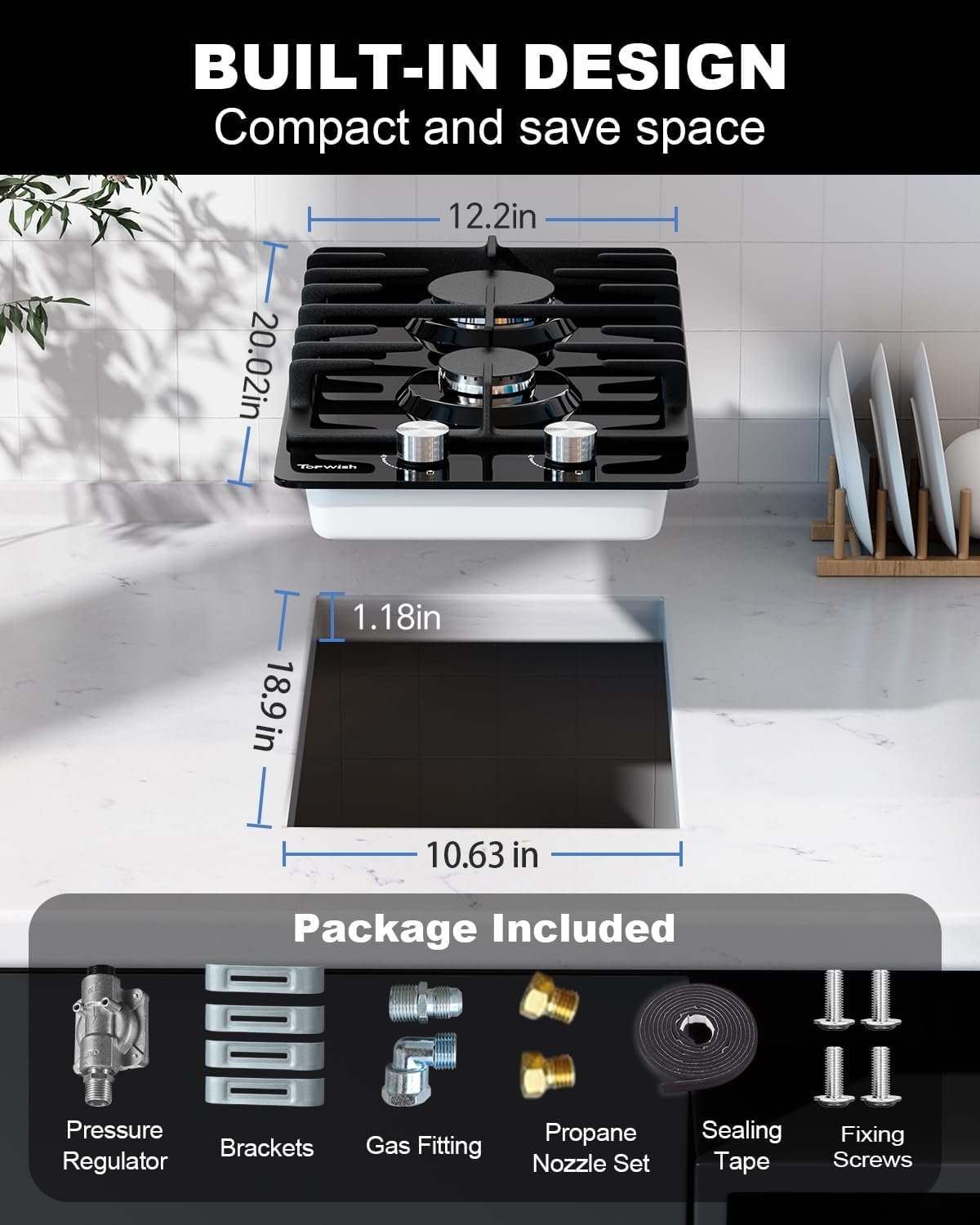2 Burner Propane Gas Cooktop Black Tempered Glass, 12 Inch Built-in NG/LPG Convertible Gas Stove Top, 18,000BTU Gas Hob with Flame-out Protection for Kitchen, Apartment,RV,110V - Image 6