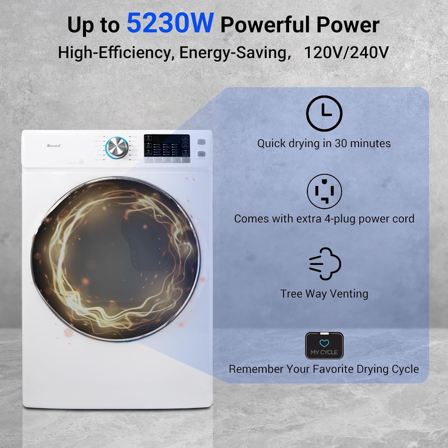 Smad 8.0 Cu.ft Electric Dryer, 27" Full Size Clothes Dryer Machine, 120V 240V Stackable Large Capacity Front Load Dryer For Apartment, Home, RV and Laundry - Image 3