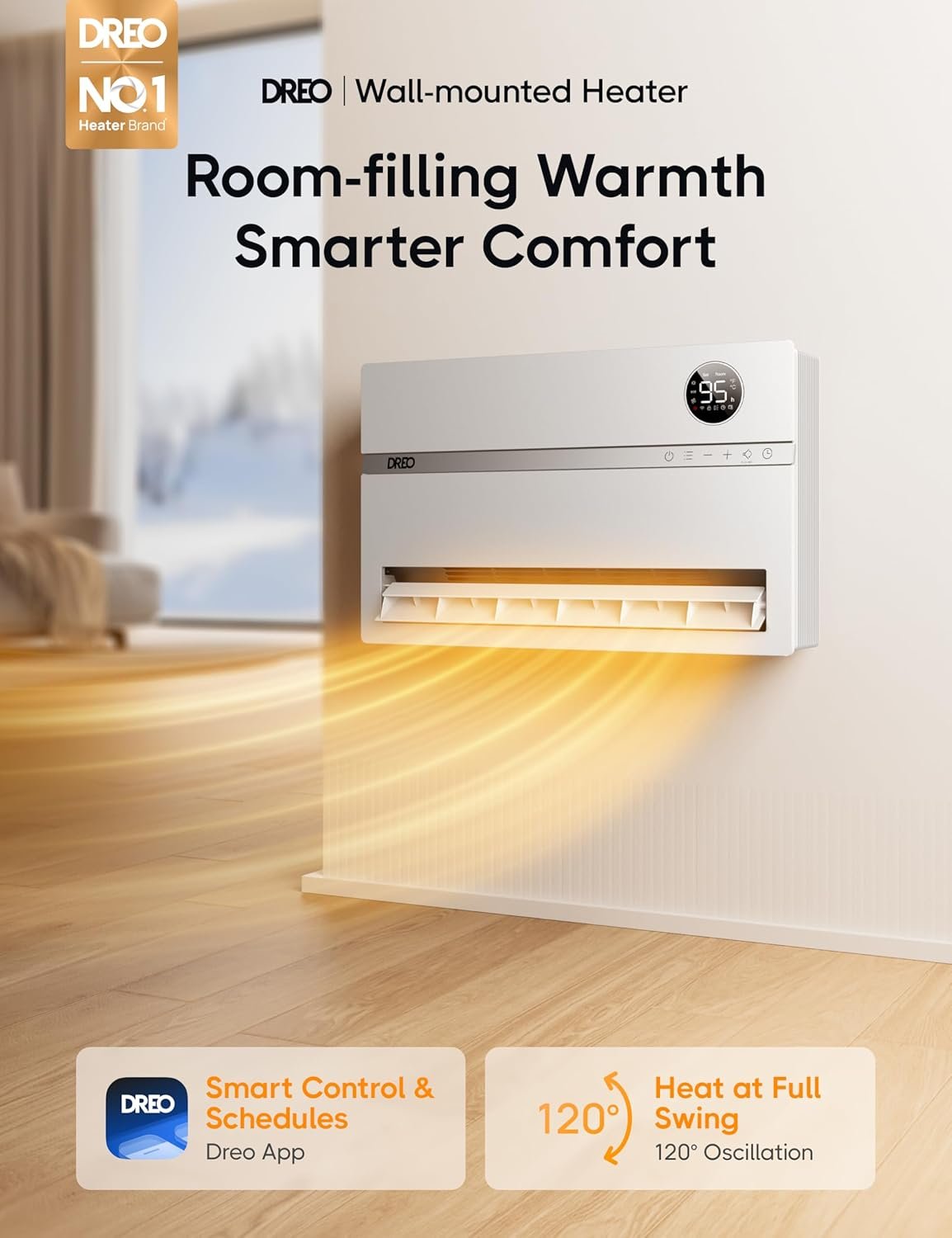 Dreo Smart Wall Heater, Electric Space Heater for Bedroom 1500W, 120° Vertical Oscillation, Adjustable Thermostat, Remote Control, 24H Timer, Easy-Mount Heater for Indoor Use, Works with Alexa, WH719S - Image 2