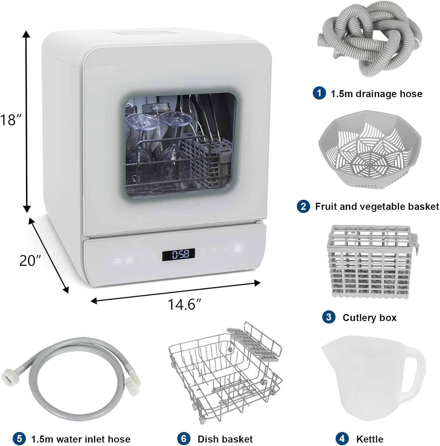 Countertop Dishwasher, Portable Dishwasher Countertop with 4.8L Built-in Water Tank & Inlet Hose, 7 Programs, Dual Water Supply Modes with LED Display and Air-Dry Function for Small Apartments - Image 9