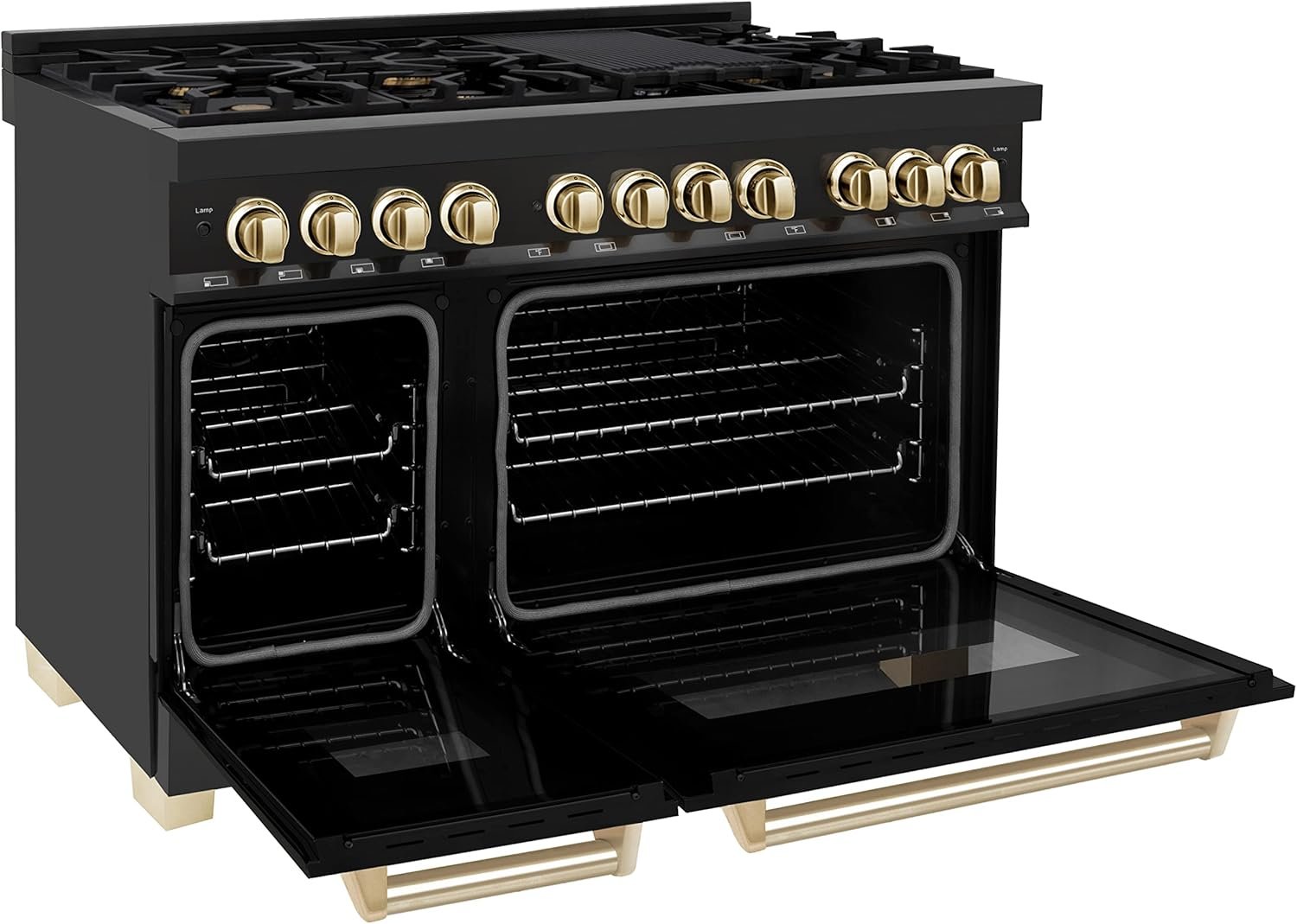 ZLINE Autograph Edition 48 in. 6.0 cu. ft. Legacy Dual Fuel Range with 7 Burner Gas Cooktop and 2 Electric Ovens in Black Stainless Steel and Polished Gold Accents (RABZ-48-G) - Image 3