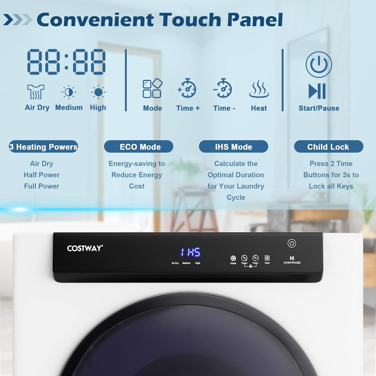 COSTWAY Compact, Touch Panel, 2 Modes, 3 Heating Powers and Adjustable Exhaust Vent, 8.8 LBS Front Load Tumble Laundry Apartment, Dorm and Home, 1400W, White Portable Dryer - Image 2